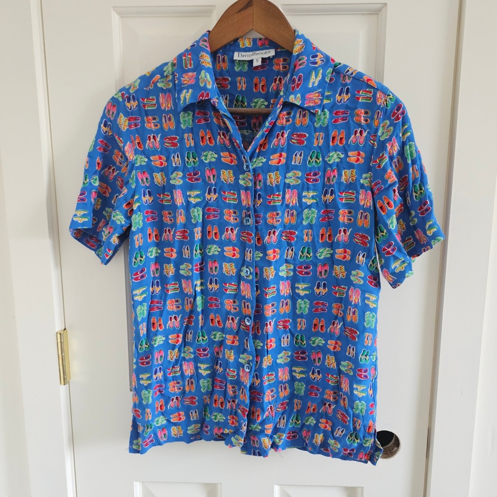 David Brooks Womens Blue Novelty Shoe Print Rayon Short Sleeve Button Up Shirt S